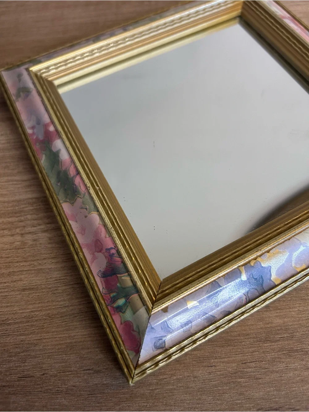 Square Gold Wall Mirror with Pastel Floral Frame
